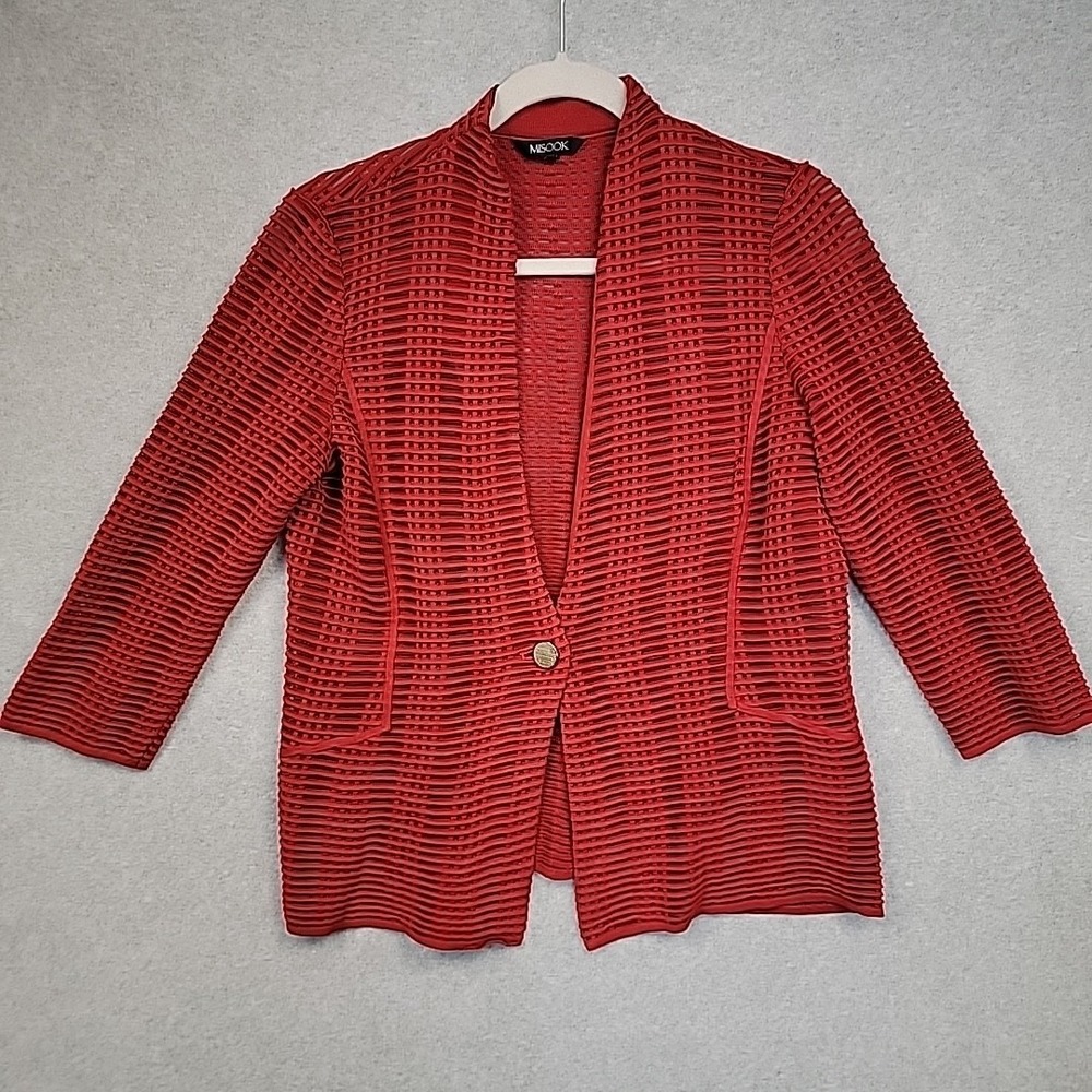MISOOK Women's XS Red With Gold Button Sheer Cutout Cardigan Top 3/4 Sleeve Chic